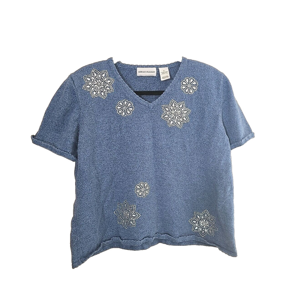 Alfred Dunner Blue V-Neck Mandala Studded Short Sleeve Sweater Womans Size XL